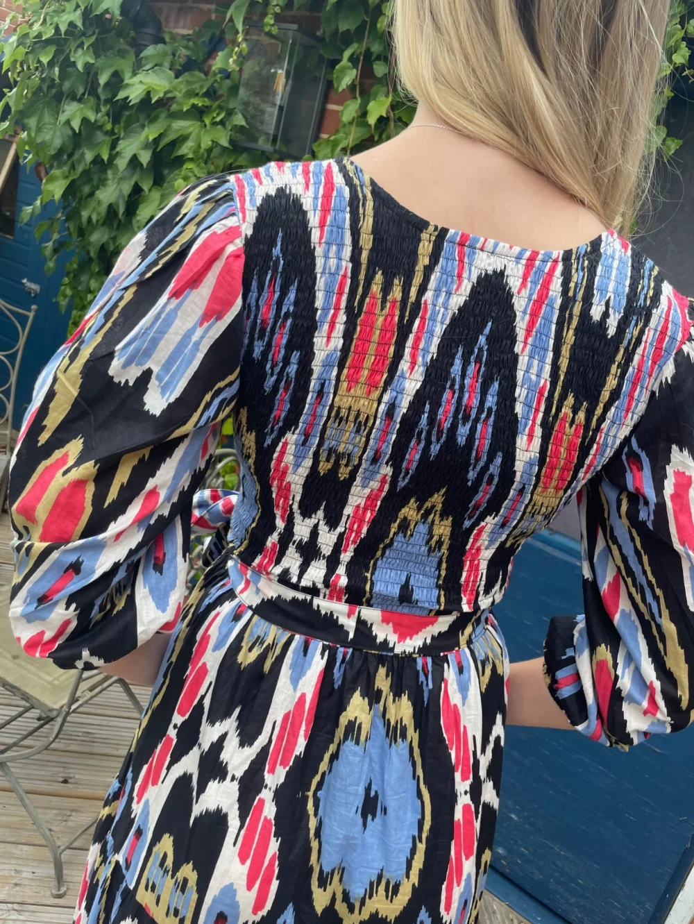 "Grace" Midnight Ikat Print Midi Dress - Image 2