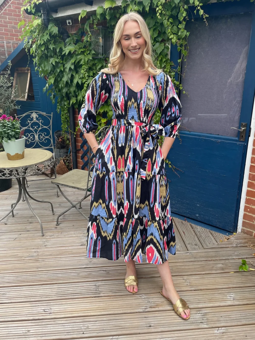 "Grace" Midnight Ikat Print Midi Dress - Image 3
