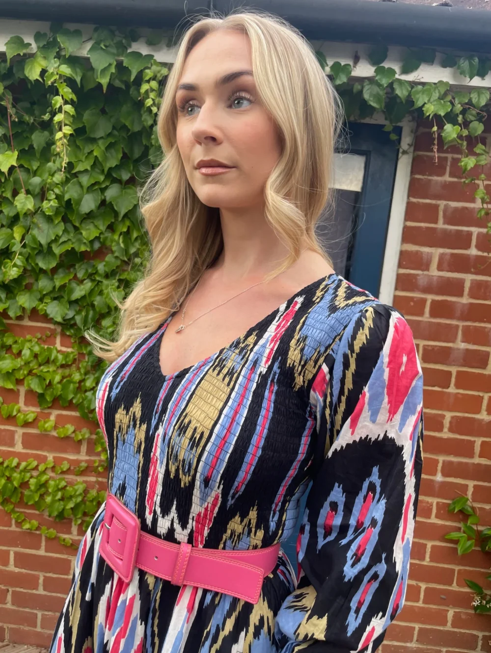 "Grace" Midnight Ikat Print Midi Dress - Image 4