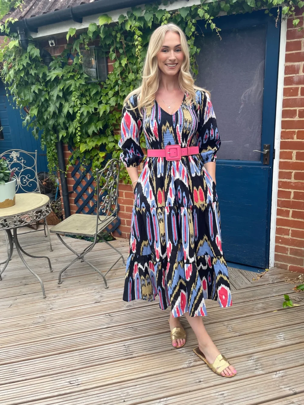 "Grace" Midnight Ikat Print Midi Dress - Image 5