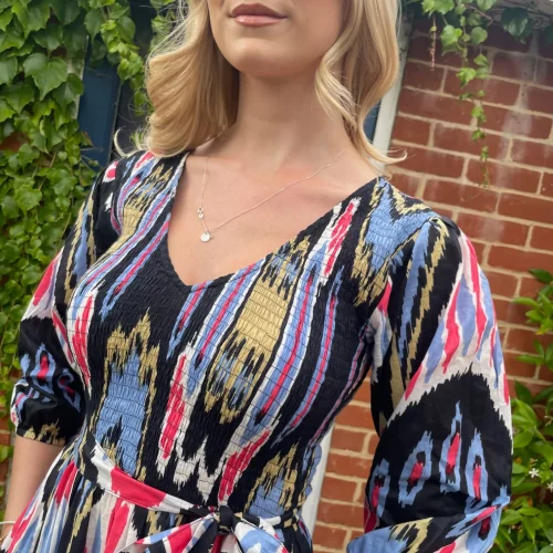 "Grace" Midnight Ikat Print Midi Dress