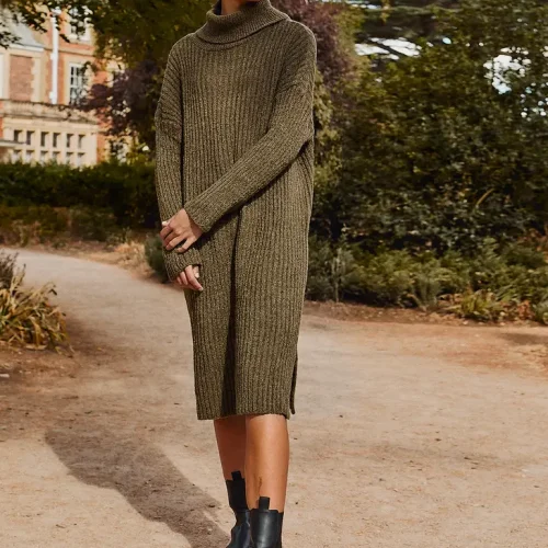 Joey Boucle Roll Neck Midi Dress - Khaki