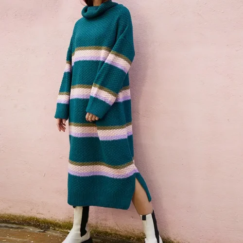 Tanya Roll Neck Stripe Knitted Midi Dress - Teal
