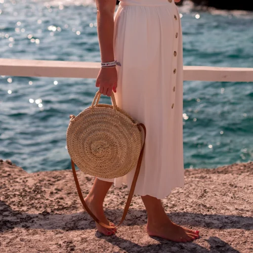 Summer Straw Round Shoulder Bag with Leather Strap