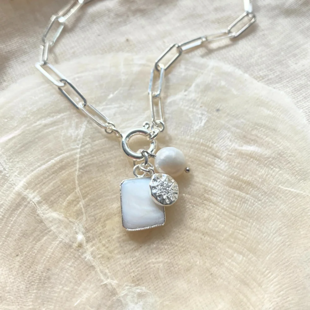 Mother of Pearl Gem Slice Triple Chunky Chain Necklace | Calming Sterling Silver