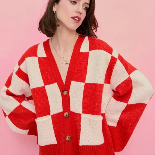 Candice Checked Wide Sleeve Cardigan - Red & White Sweater
