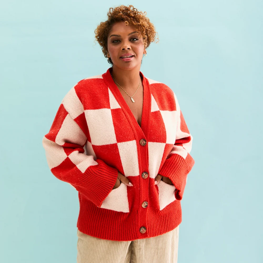Candice Checked Wide Sleeve Cardigan - Red & White Sweater - Image 4