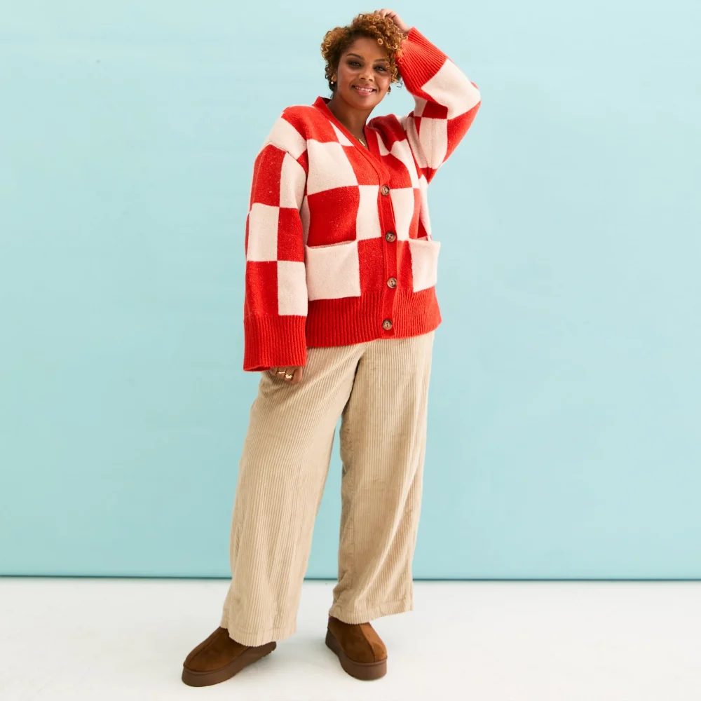 Candice Checked Wide Sleeve Cardigan - Red & White Sweater - Image 2