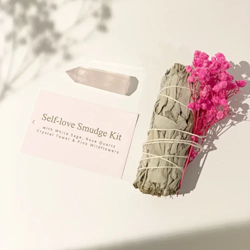 Self-Love Smudge Kit - White Sage Bundle with Rose Quartz Tower + Pink Wildflowers