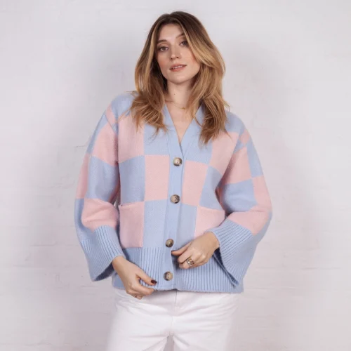 Candice Checked Wide Sleeve Cardigan - Pink & Blue