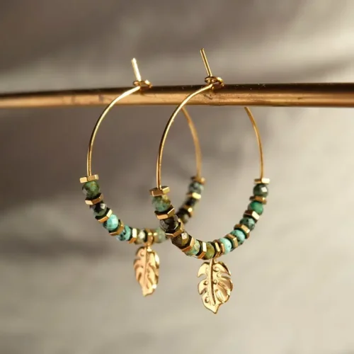 Monstera Leaf Beaded Hoop Earrings