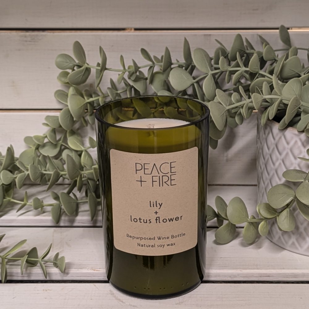 Lily + Lotus Flower  - Wine Bottle Candle - Peace + Fire
